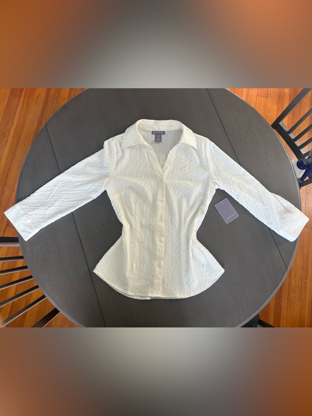NWT Laura Scott White Crinkle Textured Woven Collared Button Blouse Size S